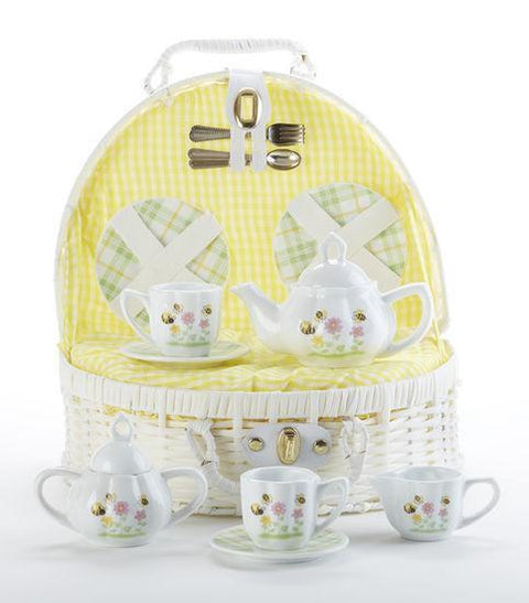 Children's Porcelain Tea Set in Wicker Style Basket - Bee Buzz - FREE TEA INCLUDED!-Roses And Teacups