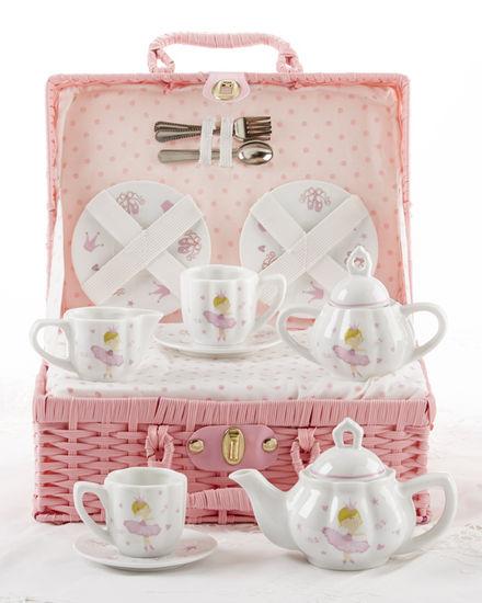 Children's Porcelain Tea Set in Wicker Style Basket - Pink Bella - FREE TEA INCLUDED!