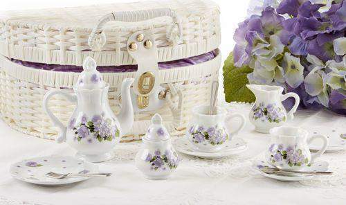 Children's Porcelain Tea Set in Wicker Style Basket - Purple Glory - FREE TEA INCLUDED!-Roses And Teacups