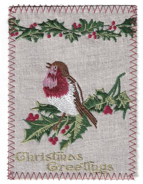 Christmas Bird Embroidered Linen Greeting Card-Roses And Teacups