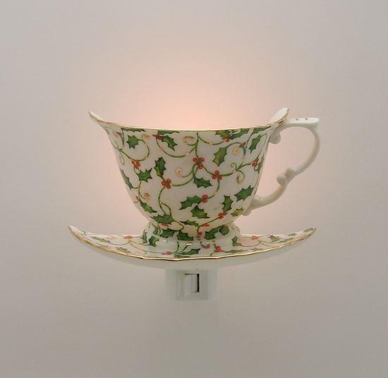 Christmas Holiday Holly Berry Porcelain Teacup Night Light-Roses And Teacups