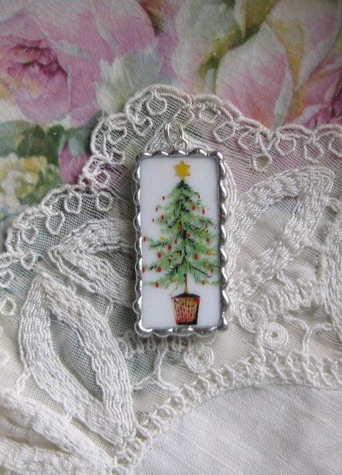 Christmas Tree Broken China Jewelry Pendant with Sterling Necklace Included! One of a Kind!-Roses And Teacups