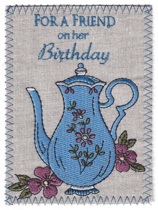 Coffee Pot Birthday Embroidered Linen Greeting Card-Roses And Teacups