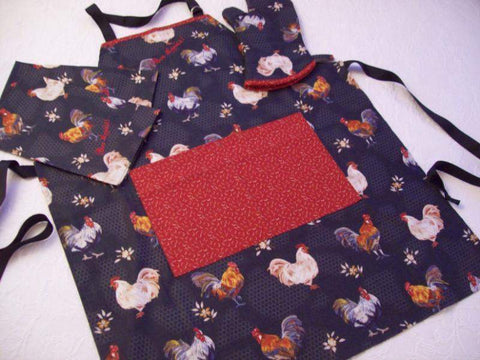 Country French Kitchen Chicken Set Apron Mitt Towel-Roses And Teacups