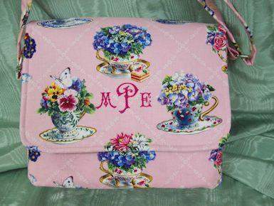 Courier-style Monogrammed Handbag Carol Wilson Fabric-Roses And Teacups