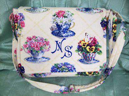 Courier-style Monogrammed Handbag Carol Wilson Fabric-Roses And Teacups