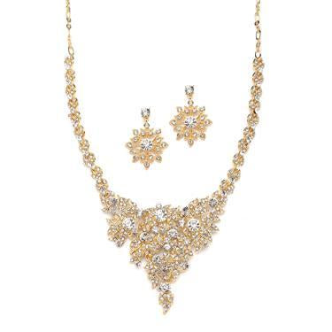 Crystal & Gold Statement Necklace Set for Weddings 4184S-G-Roses And Teacups