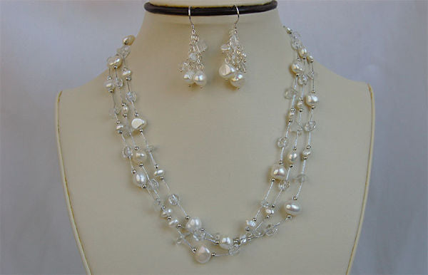 Cultured White Pearl Necklace & Earring with Silver Thread