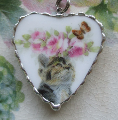 Cutie Kitty and Butterfly in the Roses Broken China Pendant Includes Chain-Roses And Teacups