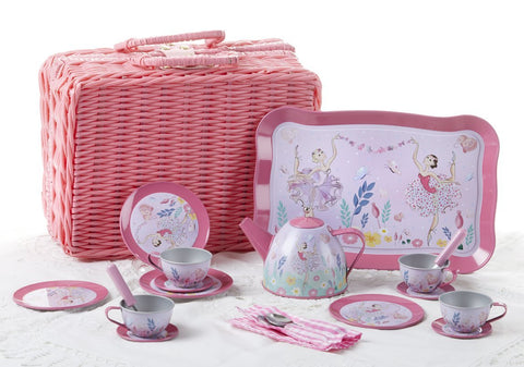 Ballerina Childrens Tin Teaset FREE tea! 19pc Tea Set for Little Girls in a Pink Wicker Style Basket-Roses And Teacups