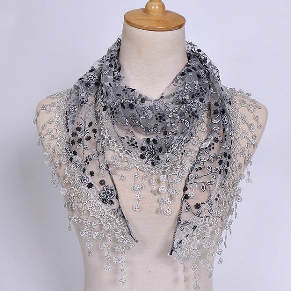 Dark Gray Lace Floral Triangle Scarf