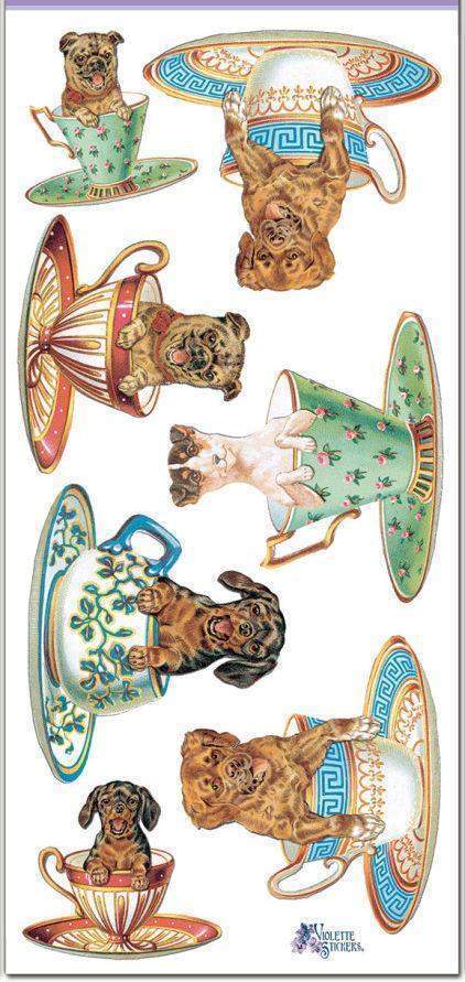 Dogs in Tea Cups Victorian 2 Sheets of Stickers-Roses And Teacups