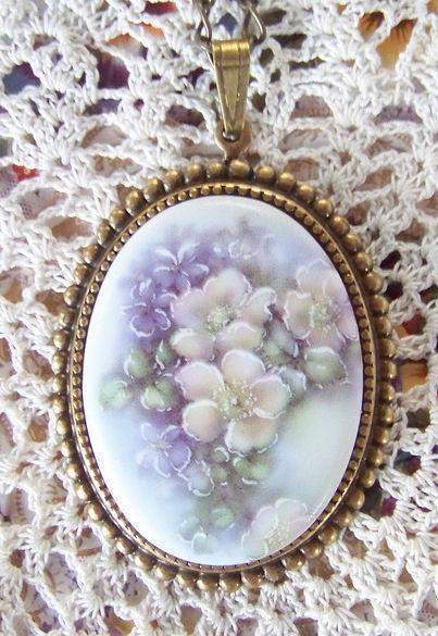 Dogwood and Violets Porcelain Cameo Pendant