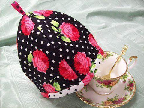 Dots and Roses Black and White Tea Cup Cozy Cover-Roses And Teacups