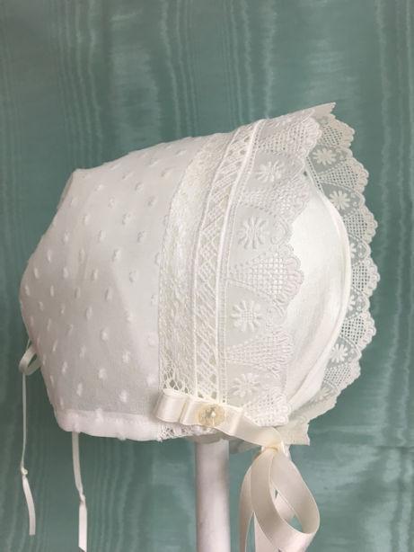 Dotted Swiss White Baby Bonnet-Roses And Teacups