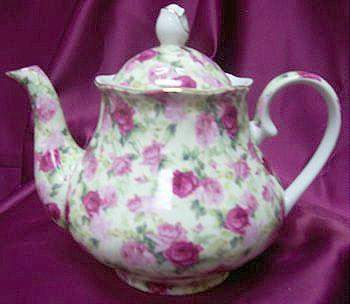 Double Pink Rose on White Chintz 33 oz. Porcelain Teapot Satin Lined Gift Box-Roses And Teacups