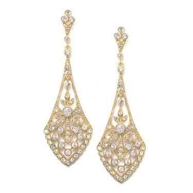 Dramatic Gold Vintage CZ Bridal Earrings 1072E-G-Roses And Teacups