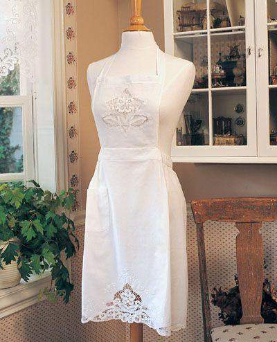 Embroidered Battenburg Lace White Cotton Apron-Roses And Teacups