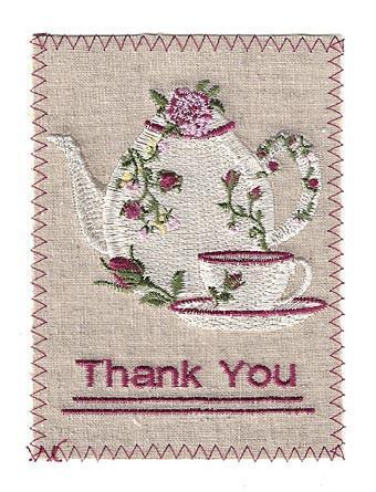Embroidered Linen Teapot Thank You Greeting Card-Roses And Teacups