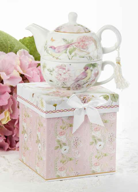 English Rose Birds and Hydrangea Porcelain Tea For One Gift Boxed-Roses And Teacups