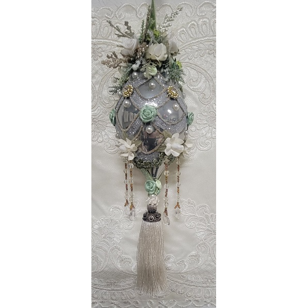 Evergreen Folly with Tassel Hand Decorated Victorian Iridescent Glass Ornament - One of a Kind!