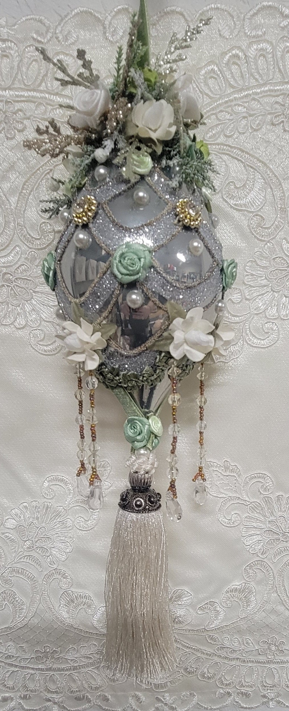 Evergreen Folly with Tassel Hand Decorated Victorian Iridescent Glass Ornament - One of a Kind!-Roses And Teacups