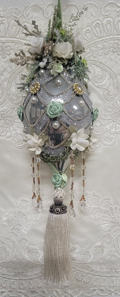 Evergreen Folly with Tassel Hand Decorated Victorian Iridescent Glass Ornament - One of a Kind!