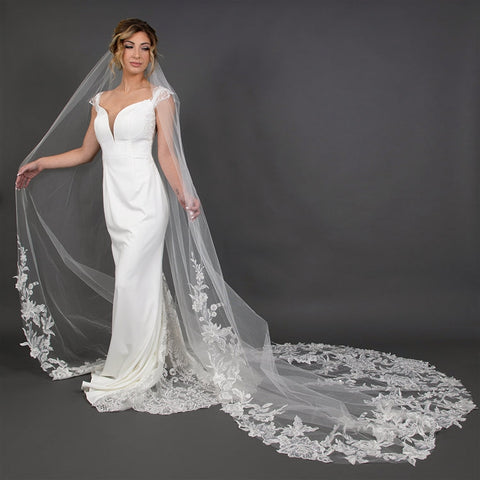 Extra Wide Royal Cathedral Bridal Veil with Crystal & Sequin Lace Applique-Roses And Teacups