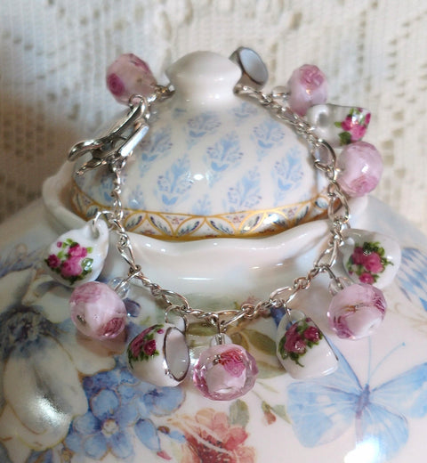 Fairy Tale Pink Lampwork Rose Bead and Tea Cup Bracelet-Roses And Teacups