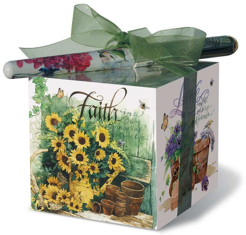 Faith Hope Love Sunflower Pansies and Butterflies Note Block Pen Set-Roses And Teacups