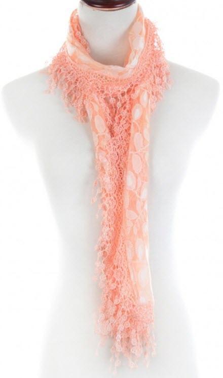 Feminine Teardrop Tassel Lace and Crochet Scarf - Peach- Only 1 Available!