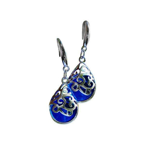 Filigree Teardrop Sterling Silver Reclaimed Glass Earrings - Cobalt Blue - Vintage Noxema Jar Glass-Roses And Teacups