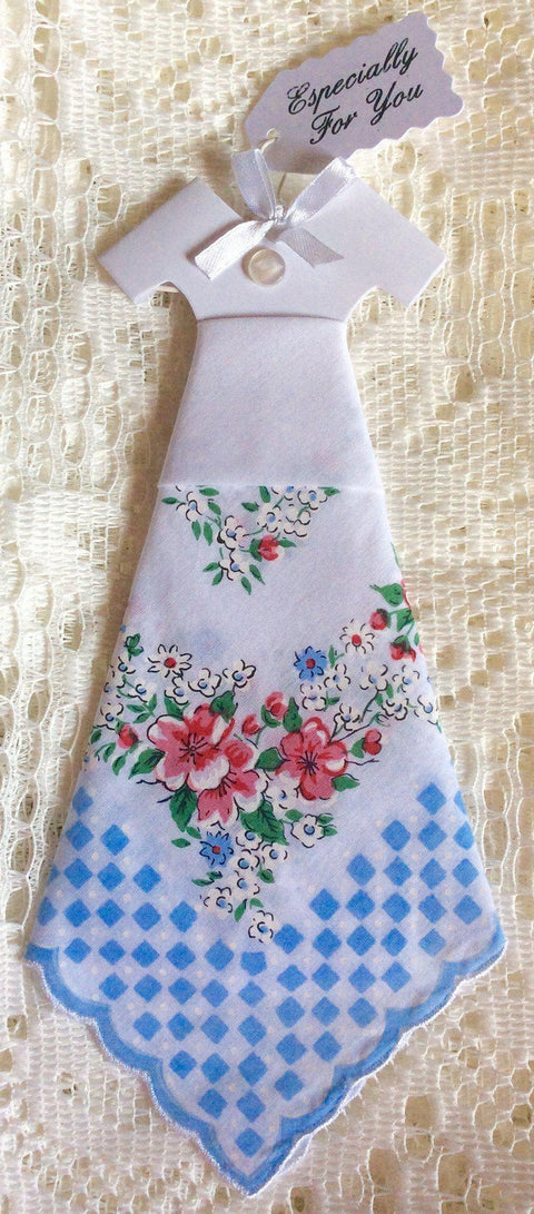 Floral Blue Gingham Hankie Dress Favor Card White Envelope-Roses And Teacups