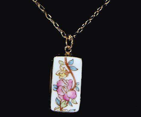 Floral Chintz 14K Gold Broken China Pendant With Rolo Necklace-Roses And Teacups