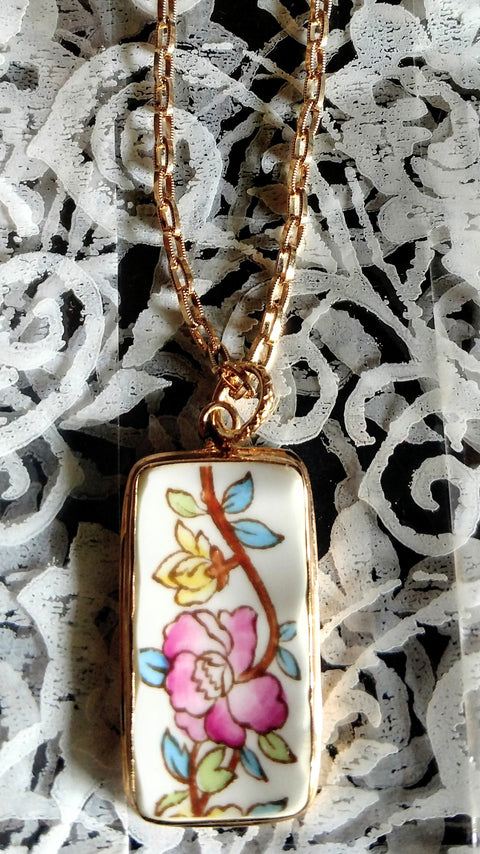 Floral Chintz 14K Gold Broken China Pendant With Rolo Necklace