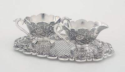 Floral Design Antiqued Silver Plated Zinc Sugar and Creamer Set ** Featured in Southern Lady Magazine