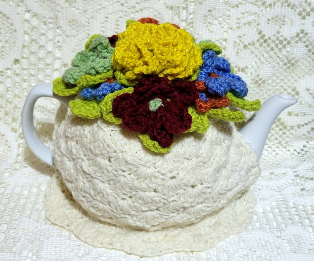 Floral Melody Burgundy Yellow Crochet Teapot Cover Cozy - One of a Kind!-Roses And Teacups
