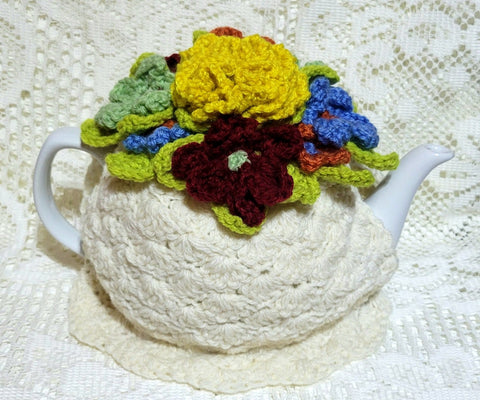 Floral Melody Burgundy Yellow Crochet Teapot Cover Cozy - One of a Kind!