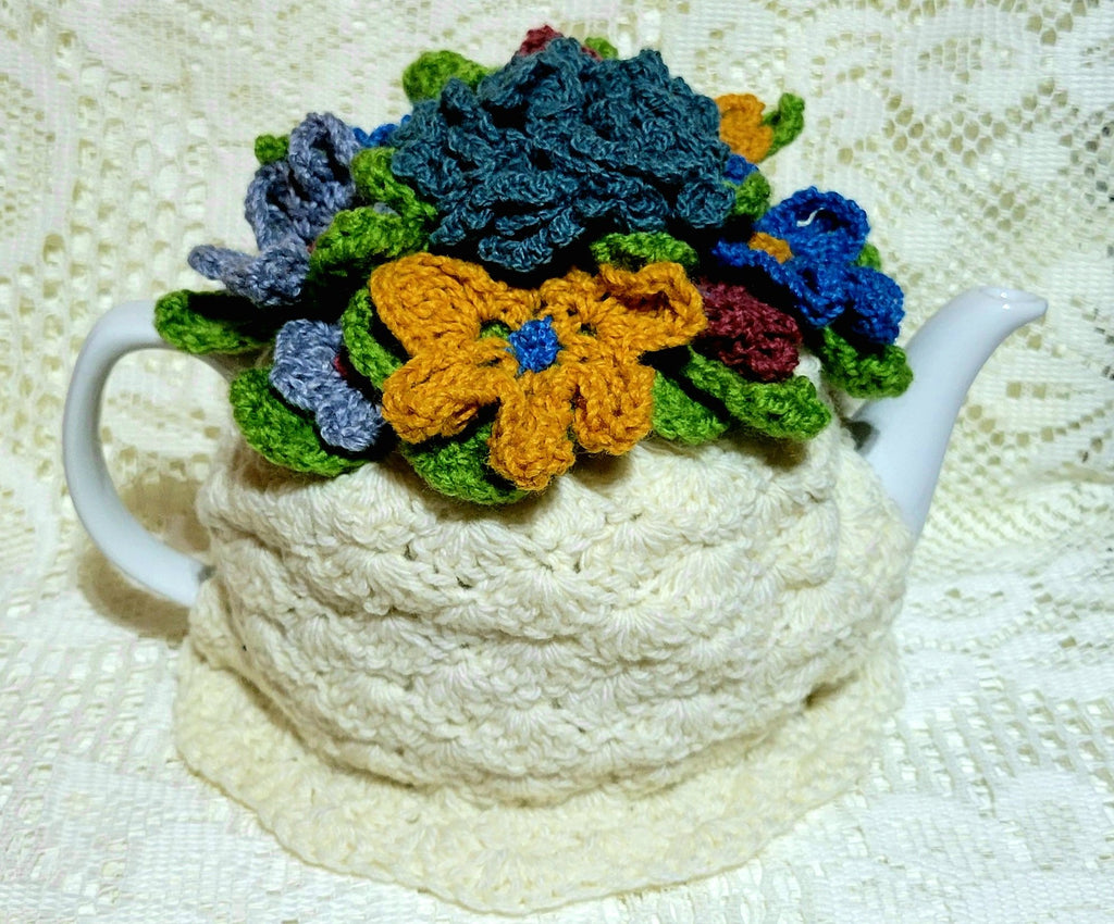 Floral Melody Orange Blue Crochet Teapot Cover Cozy - One of a Kind!-Roses And Teacups