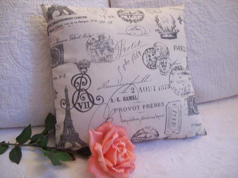 French Script Accent Pillow with Chevron Back-Roses And Teacups