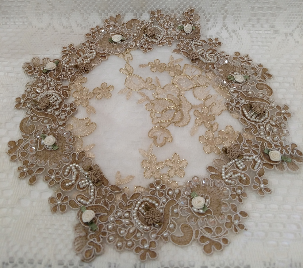 Gold Beaded Lace Doily Gold Thread-Roses And Teacups