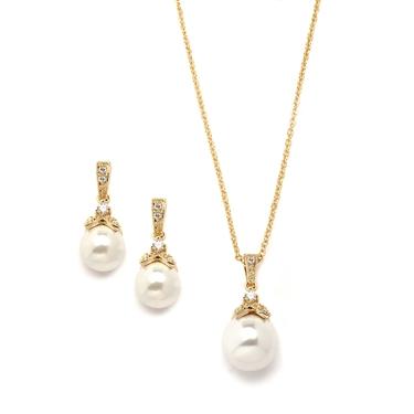 Gold Pearl Drop Necklace Set with Vintage CZ 3045S-G-Roses And Teacups
