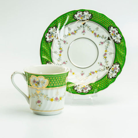 Gorgeous Green Gold Swag Porcelain Tea Cups Teacups and Saucers Set of 2