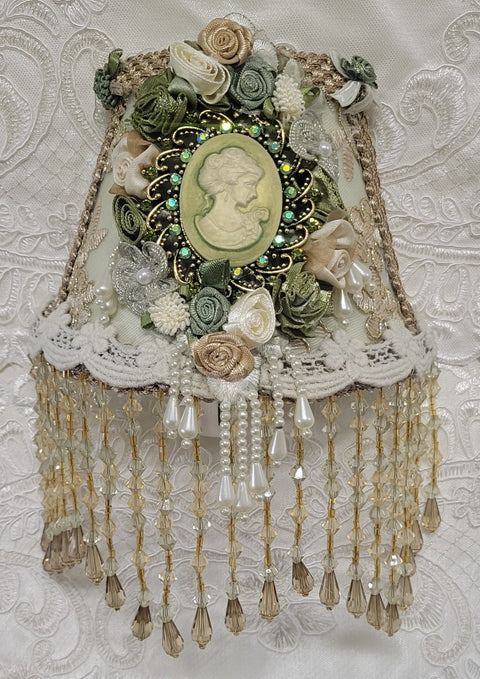 Gorgeous Green & Gold Victorian Cameo Lace and Hand Beaded Fringe Nightlight (night light) - One of a Kind!-Roses And Teacups