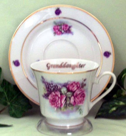 Granddaughter Personalized Porcelain Tea Cup (teacup) and Saucer-Roses And Teacups