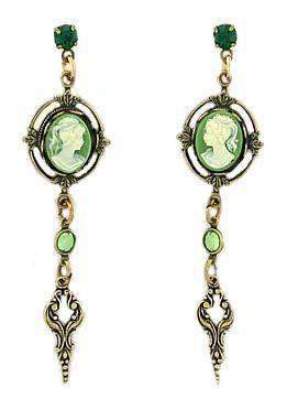 Green Cameo and Crystal Drop Earrings-Roses And Teacups