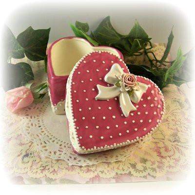 Hand Decorated Heart Trinket Box with Rosette Bow-Roses And Teacups