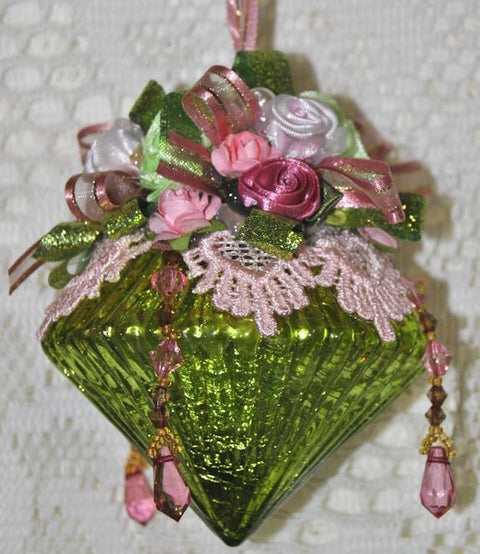 Hand Decorated Victorian Style Glass Ornament in Glorious Green - One of a Kind!