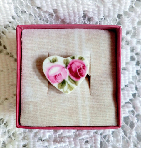 Heart Shaped Adjustable Broken China Pink Roses Ring