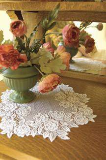 Heritage Lace Tea Rose 15-inch Doily Ecru-Roses And Teacups